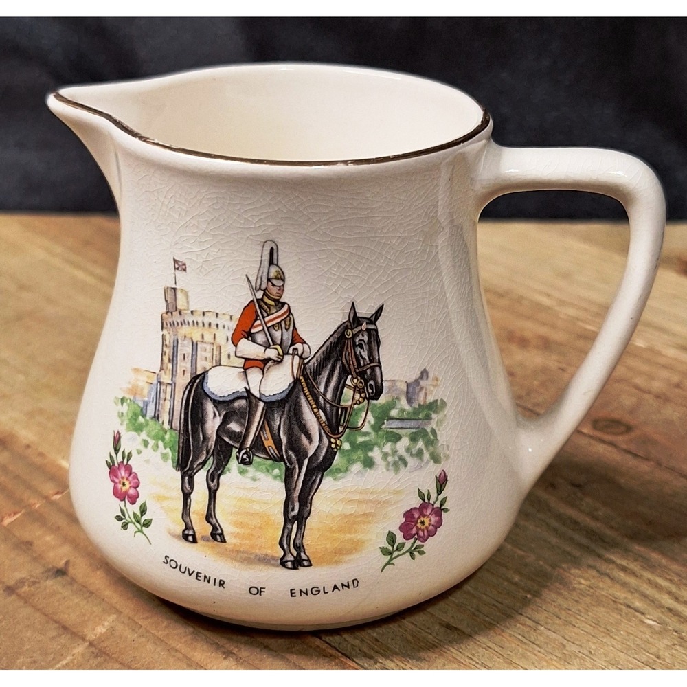 Vintage Souvenir of England Ceramic Creamer Pitcher Life Guard Horse Crest